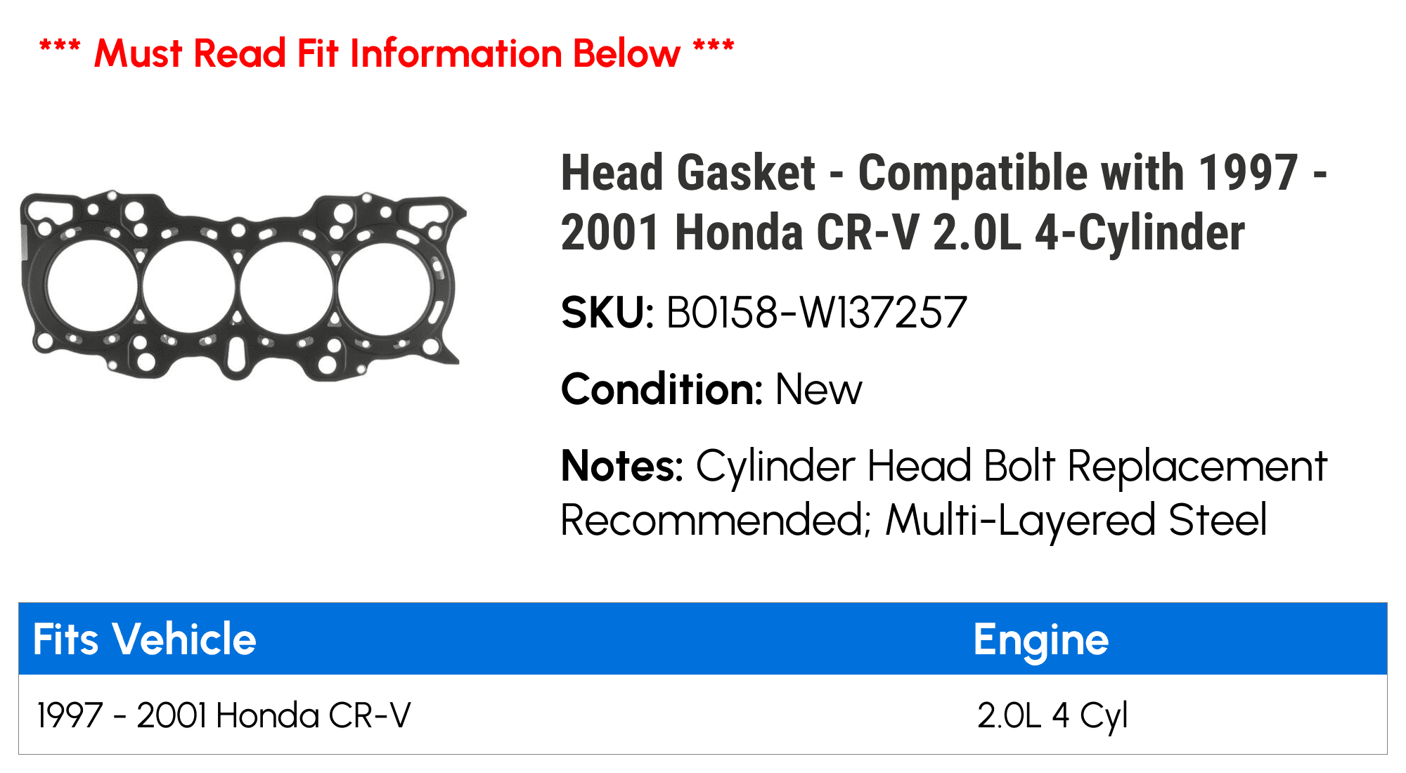 Head Gasket - Compatible with 1997 - 2001 Honda CR-V 2.0L 4-Cylinder 1998 1999 2000