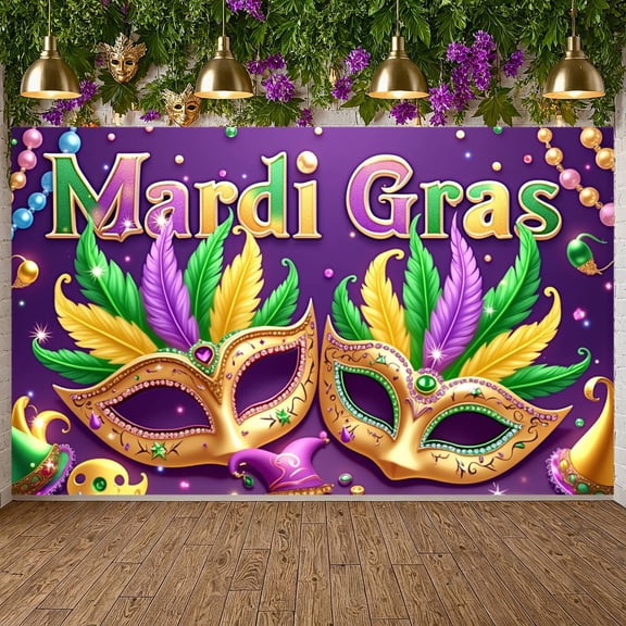 Colorful Design Mardi Gras Banner Masquerade Theme Carnival Display Feather Decoration Firework Pattern Festival Background for Carnival Party Mardi Gras Celebration Masquerade Ball