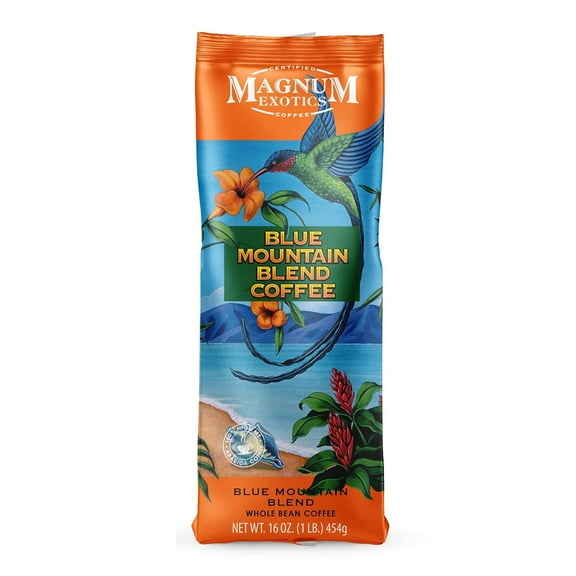 Magnum Exotics Coffee, Blue Mountain Coffee Blend - Medium-Light Roast, Whole Bean, Made from 100% Arabica Beans, Rich & Smooth Flavor, Fresh Roast - Blue Mountain Blend, 1 Lb Bag (16 oz)