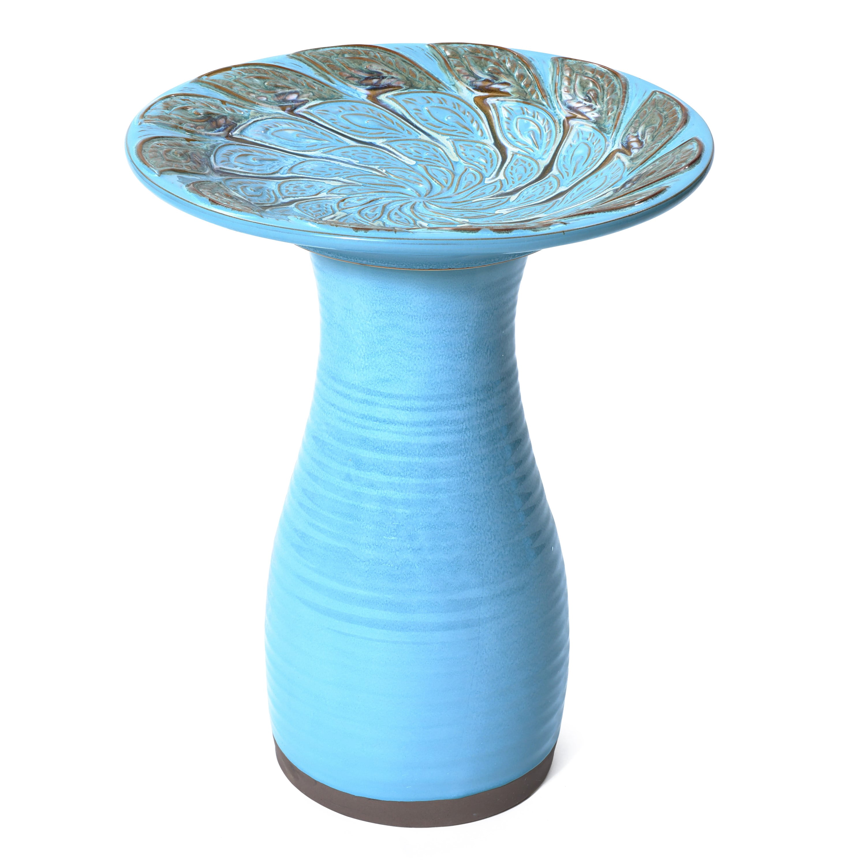 LuxenHome 20 Inch Ceramic BirdBath for Outside, Elegant Tall Outdoor Bird Bath with Leaf Pattern