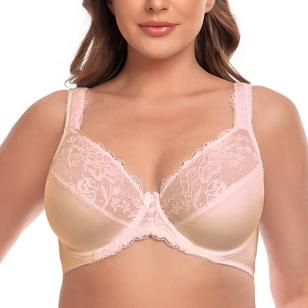 Women s Underwire Lace Unlined Everyday Bra Minimizer Full Coverage Bralette 38I