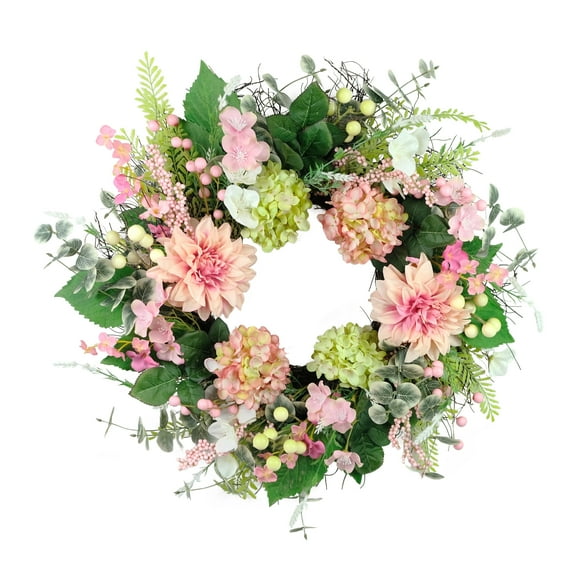 26" Artificial Hydrangea & Dahlia Floral Spring Wreath