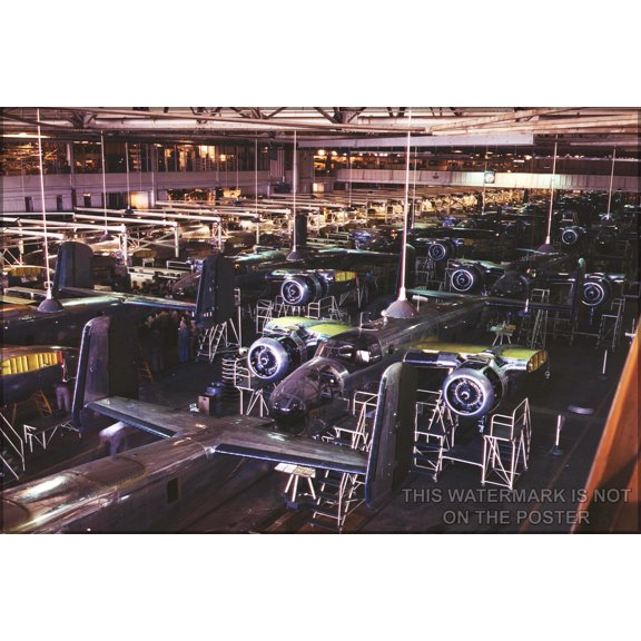 24"x36" Gallery Poster, B-25 Mitchell bomber final assembly line at North American Aviation's Inglewood, California (USA), plant