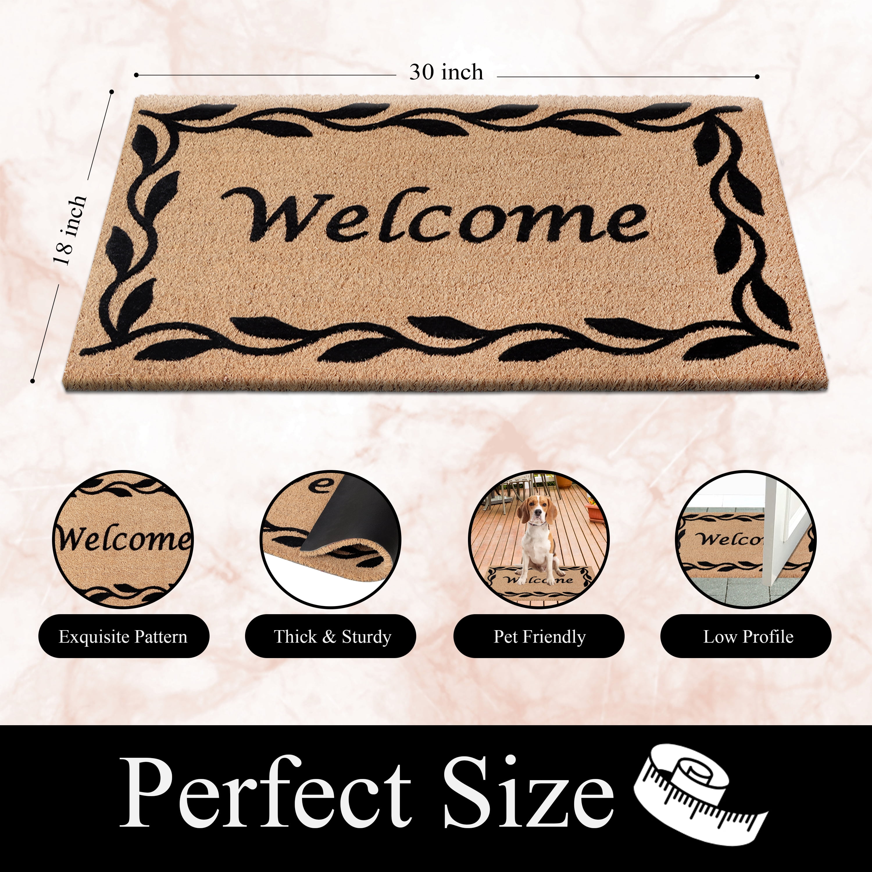 A1HC Natural Coir Flocked Doormat, Black Welcome , 18"x30", Durable Outdoor Mat, Non-Slip, Pet Friendly, Fade Resistant