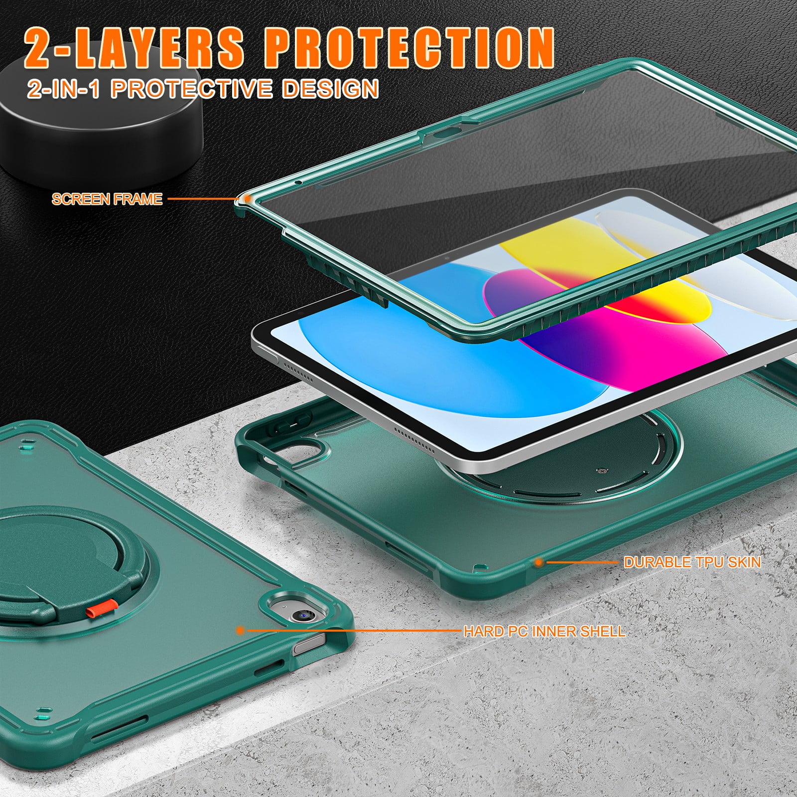 ELEHOLD Rugged Case For Apple iPad Air 13 (2024) Hybrid Shockproof Cover [360 Rotating Stand] [Hand Grip] [Pencil Holder] [Detachable Shoulder Strap] Kids Case, Darkgreen