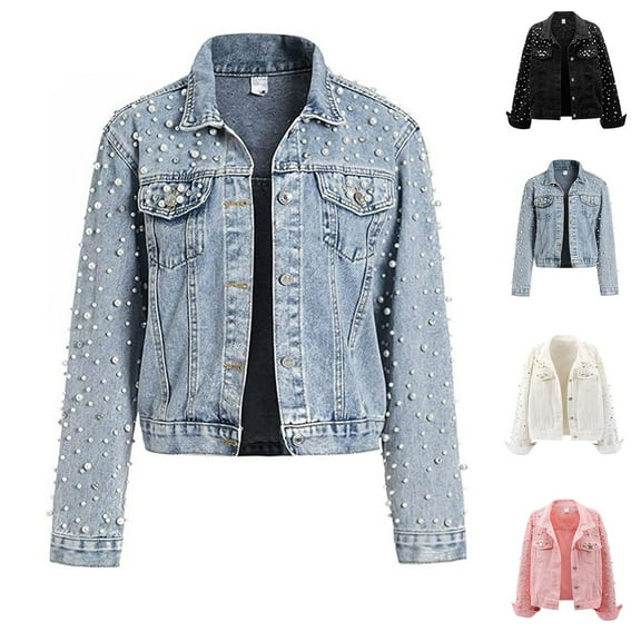 jtjvou Women's Pearls Denim Jacket Long Sleeve Cropped Rhinestones Jean Jacket Coat Black L