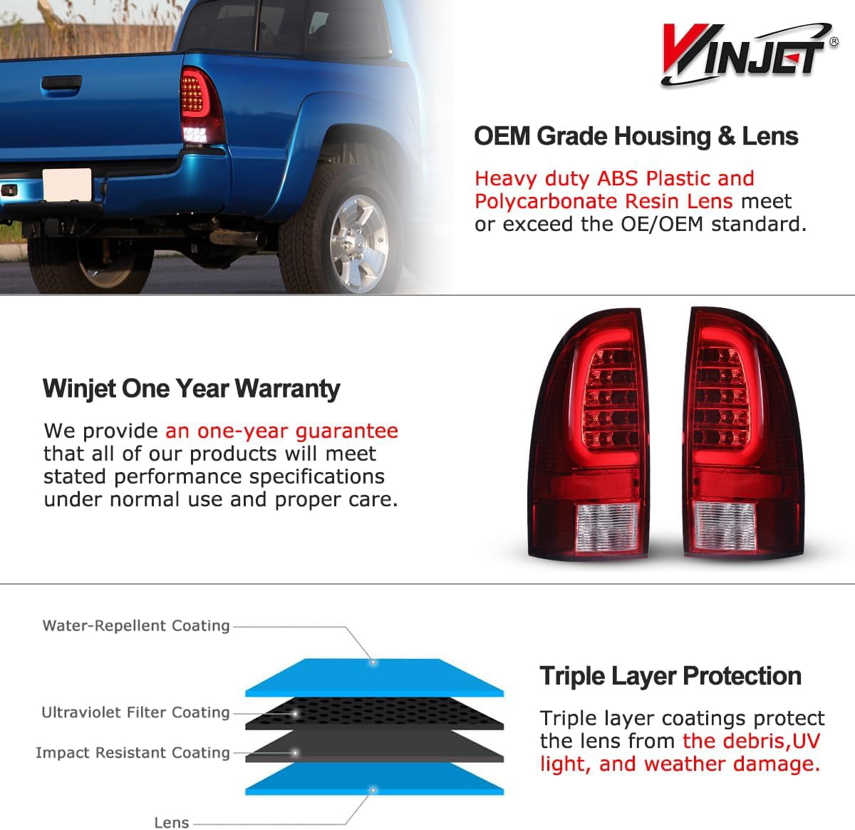 Winjet LED Tail Light Assembly Fit For 2005-2015 Toyota Tacoma,Full Led Taillight Replacement w/Yellow Sequential Turn Signal/Running/Brake/Reverse Light (Black Housing Red Lens)