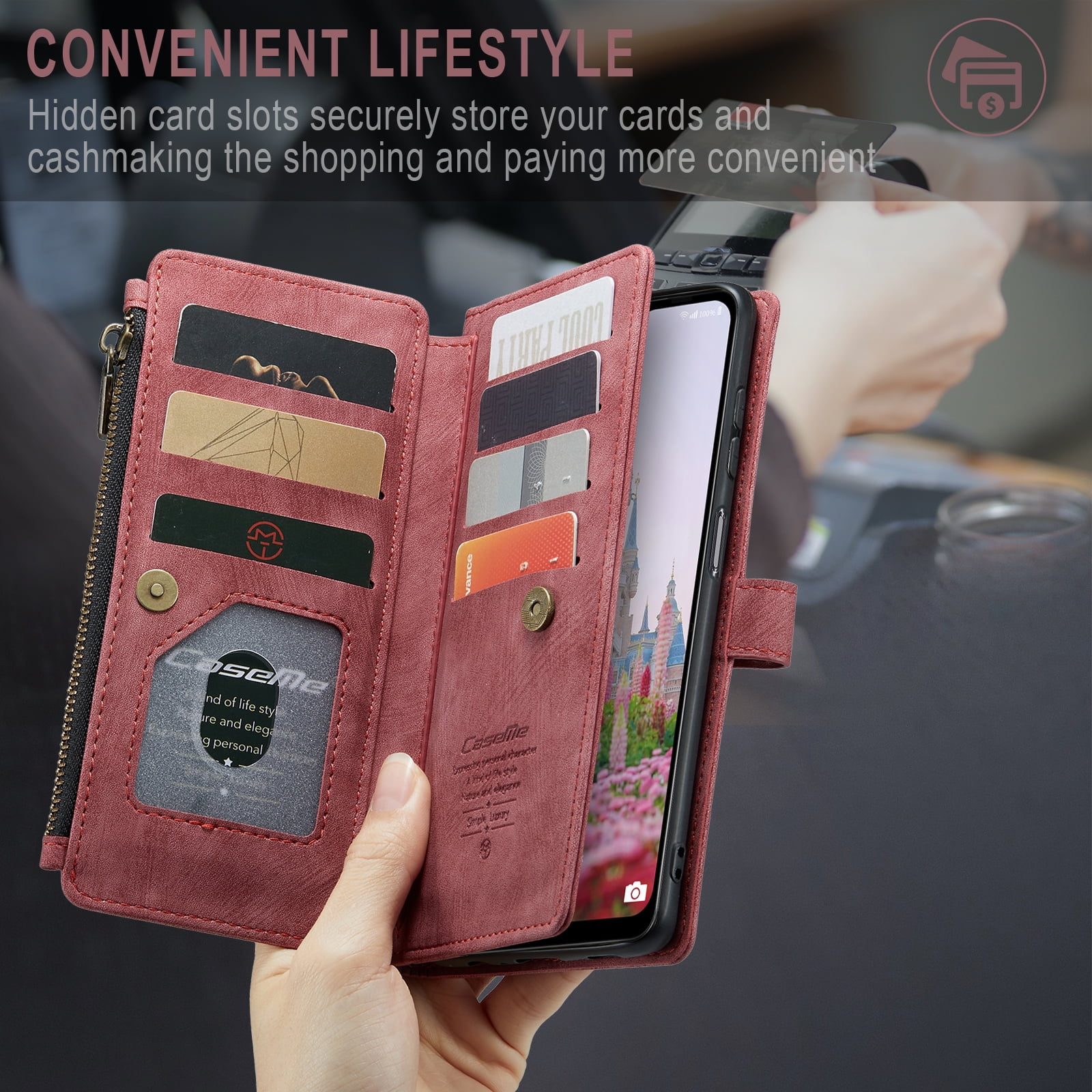 Dteck Wallet Case for Samsung Galaxy S25 Ultra,Magnetic Retro Leather Case Flip Folio Zipper Purse with Card Holder Slot Kickstand Shockproof Phone Cover for Samsung Galaxy S25 Ultra 5G,Red