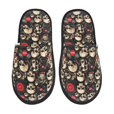 Balery rock record Skull Slient Indoor Furry Fleece Comfort House Shoes Soft Non-Slip Home Shoes Cotton slippers House Slippers-- Large