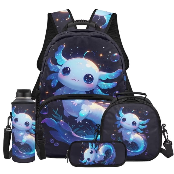 KUIFORTI Blue Axolotl 4PCS Kids Backpack Set with Lunch Box Pencil Pouch Water Bottle Sleeve for Elementary Primary Middle School Boys Girls Back to School Supplies Gifts