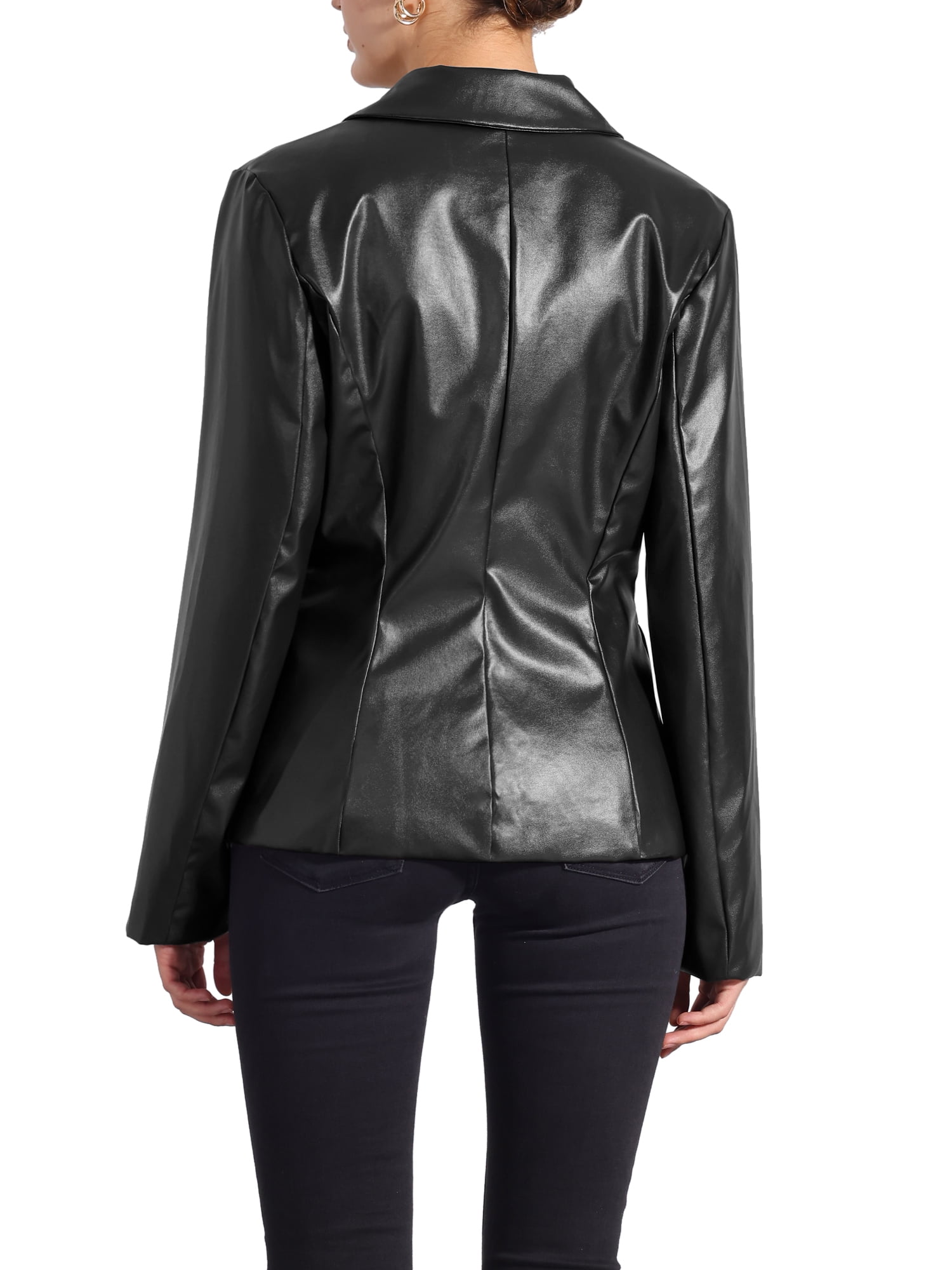 INSPIRE CHIC Women's Notched Lapel Faux Leather Blazer Double Breasted PU Work Formal Jackets