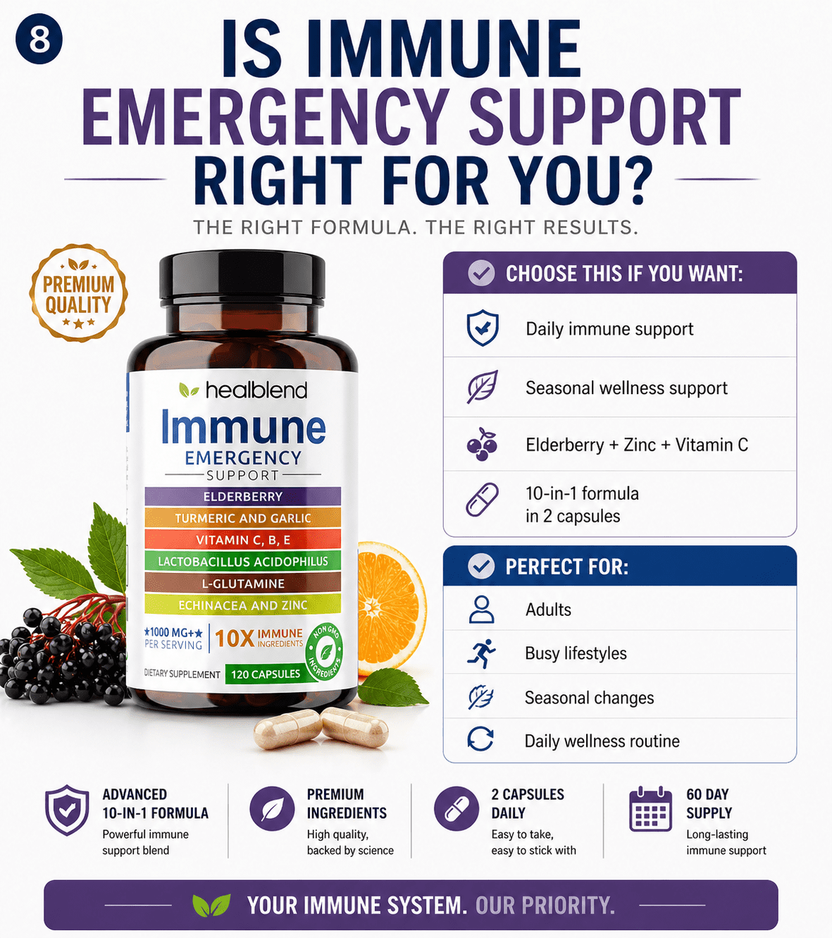 Healblend Natural Antioxidant Immune Booster with Elderberry, Zinc, Echinacea, Turmeric - 120 Capsules