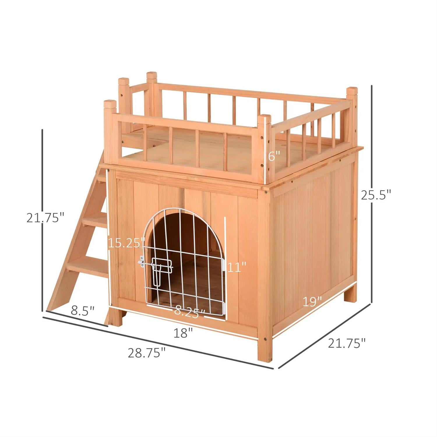 Pefilos Outdoor Weatherproof Cat House with Lockable Wire Door and Balcony, 2-Level Outside Shelter for Cats and Small Animals, Beige