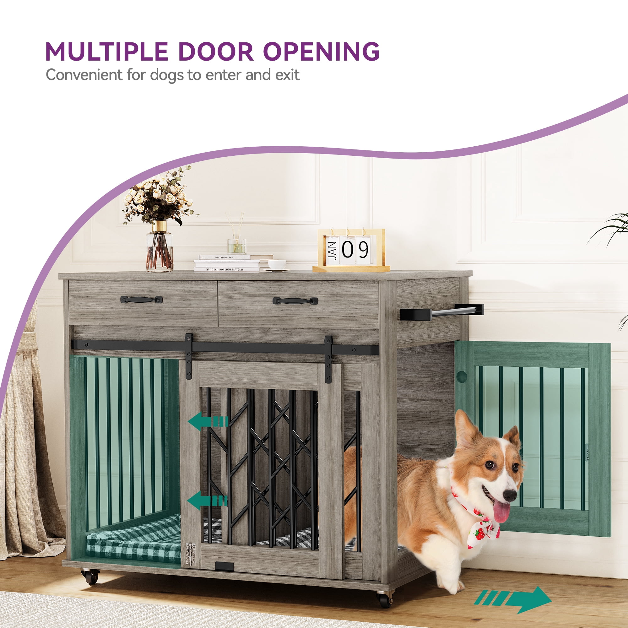 Uforic Grey 39 Inch Indoor Dog Crate Furniture End Table with Drawer & Wheels