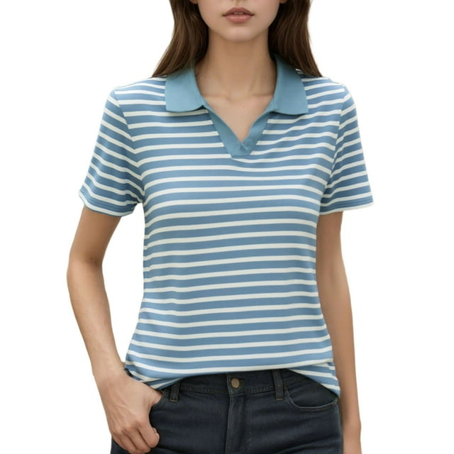 Fgnfyis T-Shirt à Manches Courtes Rayé pour Femmes Col Rond Décontracté pour Usage Quotidien Printemps Été Automne Blouse Confortable avec Col Classique Hauts Décontractés Bleu Ciel m