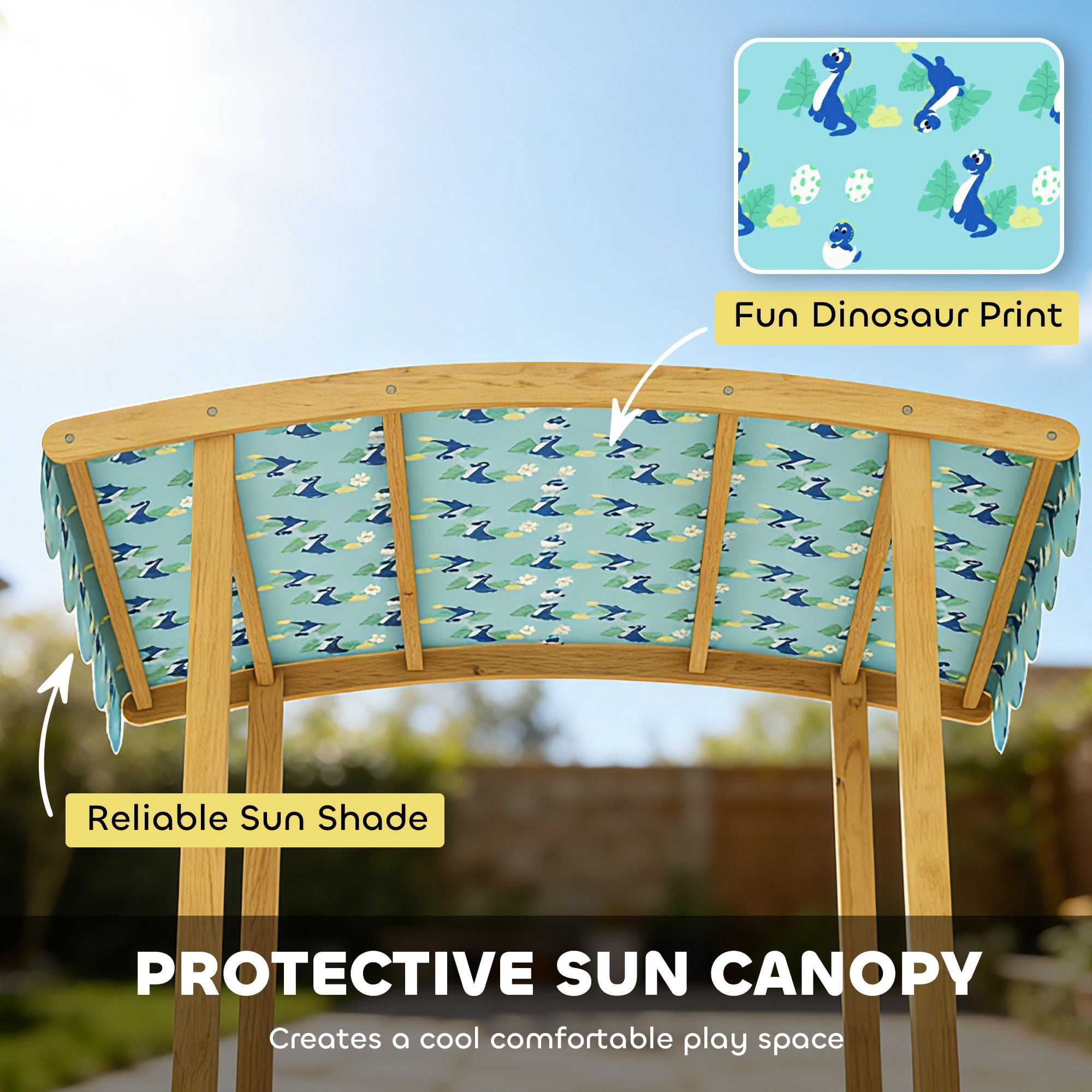 Wooden Kids Sandbox with Dinosaur Print Canopy, 3-Sided Bench Seats for 6 Children, Removable Storage Boxes Bottom Liner Fir Wood Outdoor Sand Play Pit for Backyard Ages 3-6 Blue