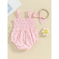 thumbnail image 4 of Bslissey Baby Girls Sleeveless Bubble Romper Strawberry Print Ruched Suspender Jumpsuit Newborn Infant Cute Summer Fashion Bodysuit with Bow Headband 3M 6M 12M 18M, 4 of 8