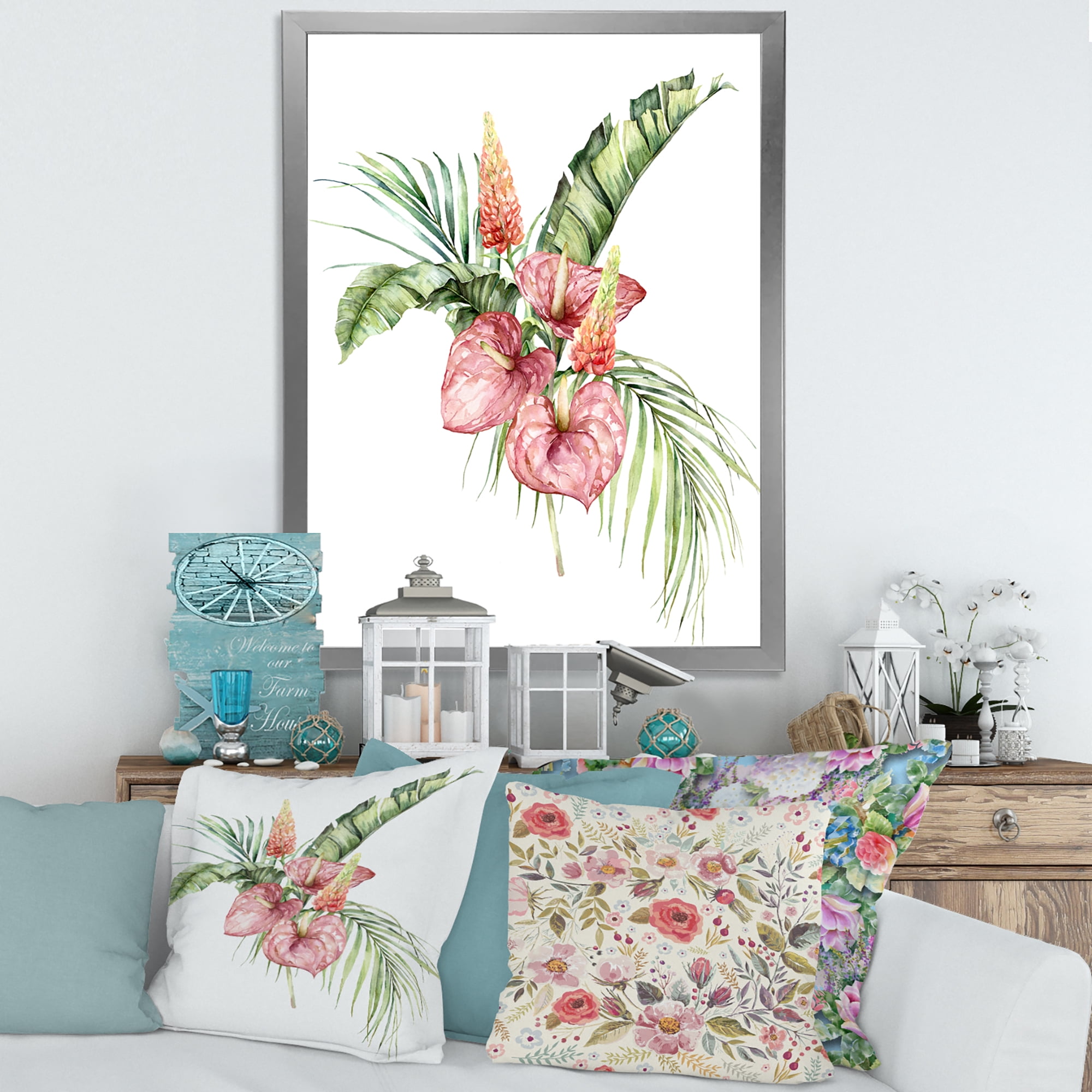 Designart 'Tropical Bouquet With Anthurium Lupine and Leaves On White II' Traditional Framed Art Print