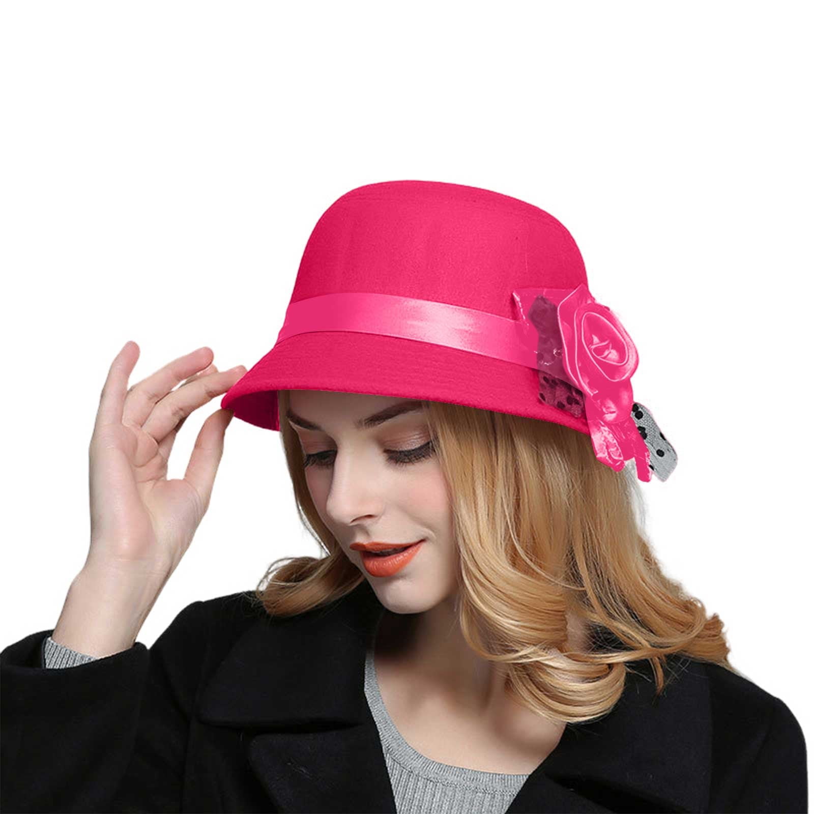 Women\'s Pink Vintage Felt Cloche inter Floral Fedora Imported Bucket Hat Womens Cloche Bowler Hat Fedora Church Hat Foldable Bucket  main image 2