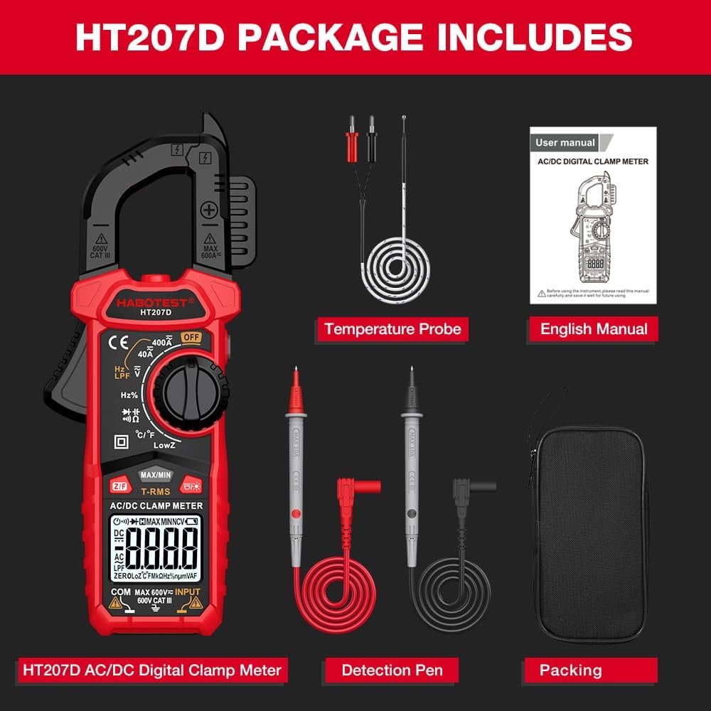 HT207D 4000 Counts Digital Clamp Meter, Handheld Multimeter, AC DC Voltage, Current Voltmeter, Diode Resistance, High Precision Multifunctional Digital Display Clamp Meter