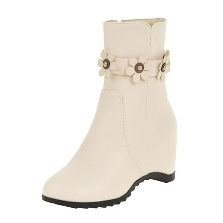 

dmqupv Womens Boots Size 9 Ladies Solid Color Leather Surface Flower Decorated Zipper Boots for Women Boots Fashion Beige 7
