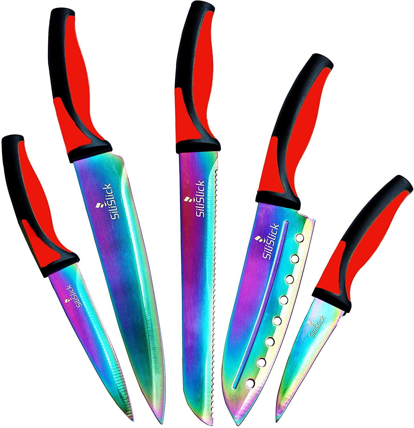 SiliSlick Kitchen Knife Set. 5 Elegant Knives, Chef Quality, SS Blades