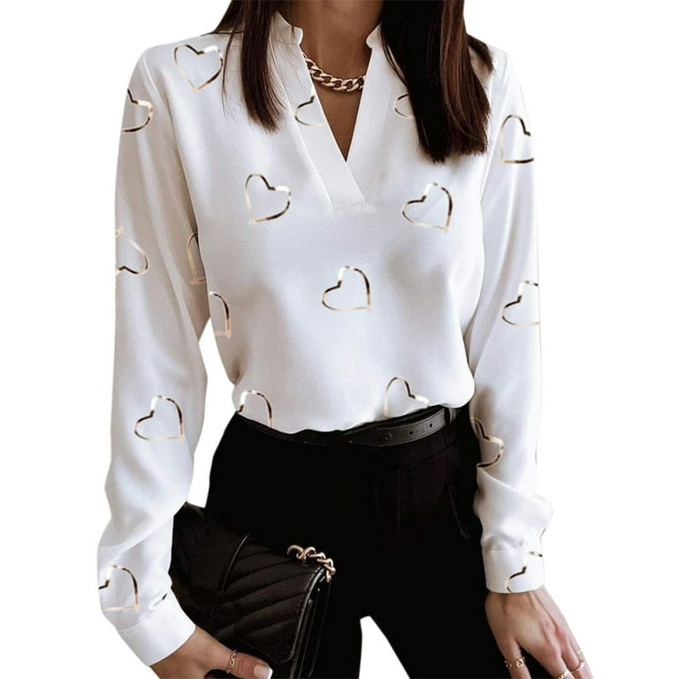 JDEFEG Plain Loose T Shirts for Womens Long Sleeve V Neck