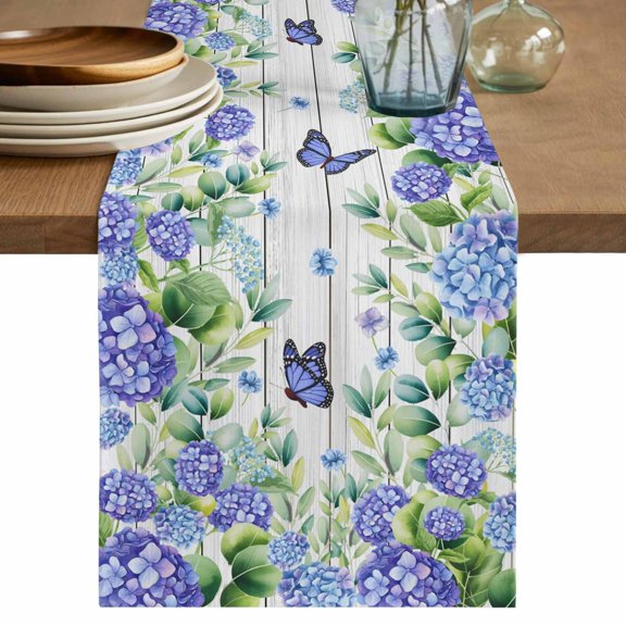 Table Runner 72 Inches Long for Kitchen Dining, Purple Hydrangea Dresser Scarf Farmhouse, Dining Table Decorations for Wedding/Parties, Spring Eucalyptus Butterfly Grey Wooden 13 x 72 In
