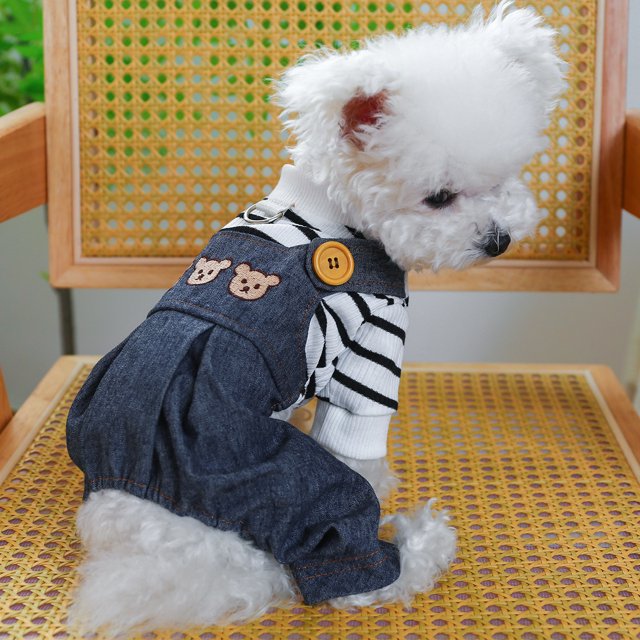 Anillo para mascotas, ropa para cachorros, ropa para gatos, pantalones con tirantes, nueva tracción en el pecho, espalda, jeans con cabeza de oso, blanco y negro