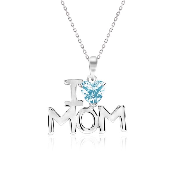 JeenMata Collar con Colgante de Piedra Azul Claro en Forma de Corazón Amo a Mamá con Oro Blanco de 18 K sobre Plata - Piedra Natal de Diciembre - Regalo de Joyería para el Día de la Madre