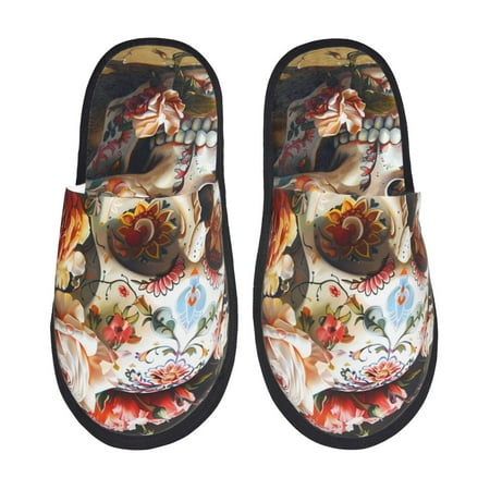 Balery Rose Floral Skull Slient Indoor Furry Fleece Comfort House Shoes Soft Non-Slip Home Shoes Cotton slippers House Slippers-- Large