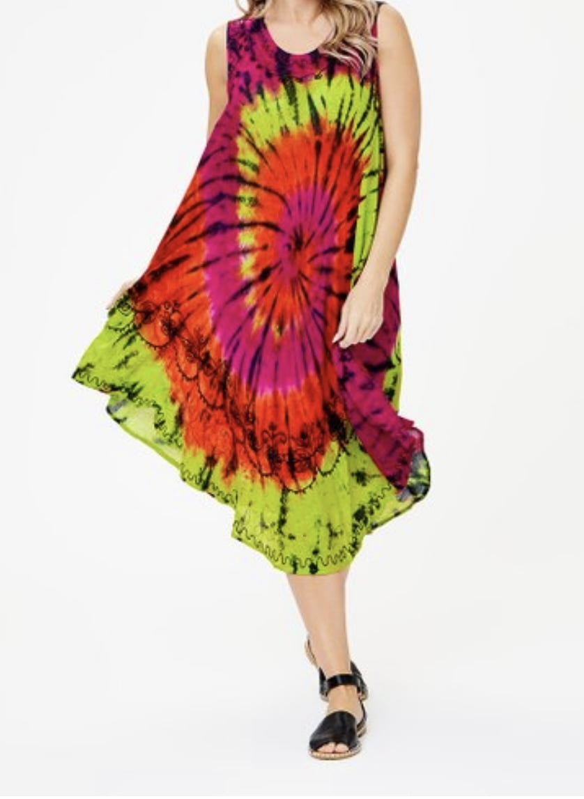 Womens Summer Sun Dress Umbrella Tie Dye Flower Beach Resort Wear Boho Hippie