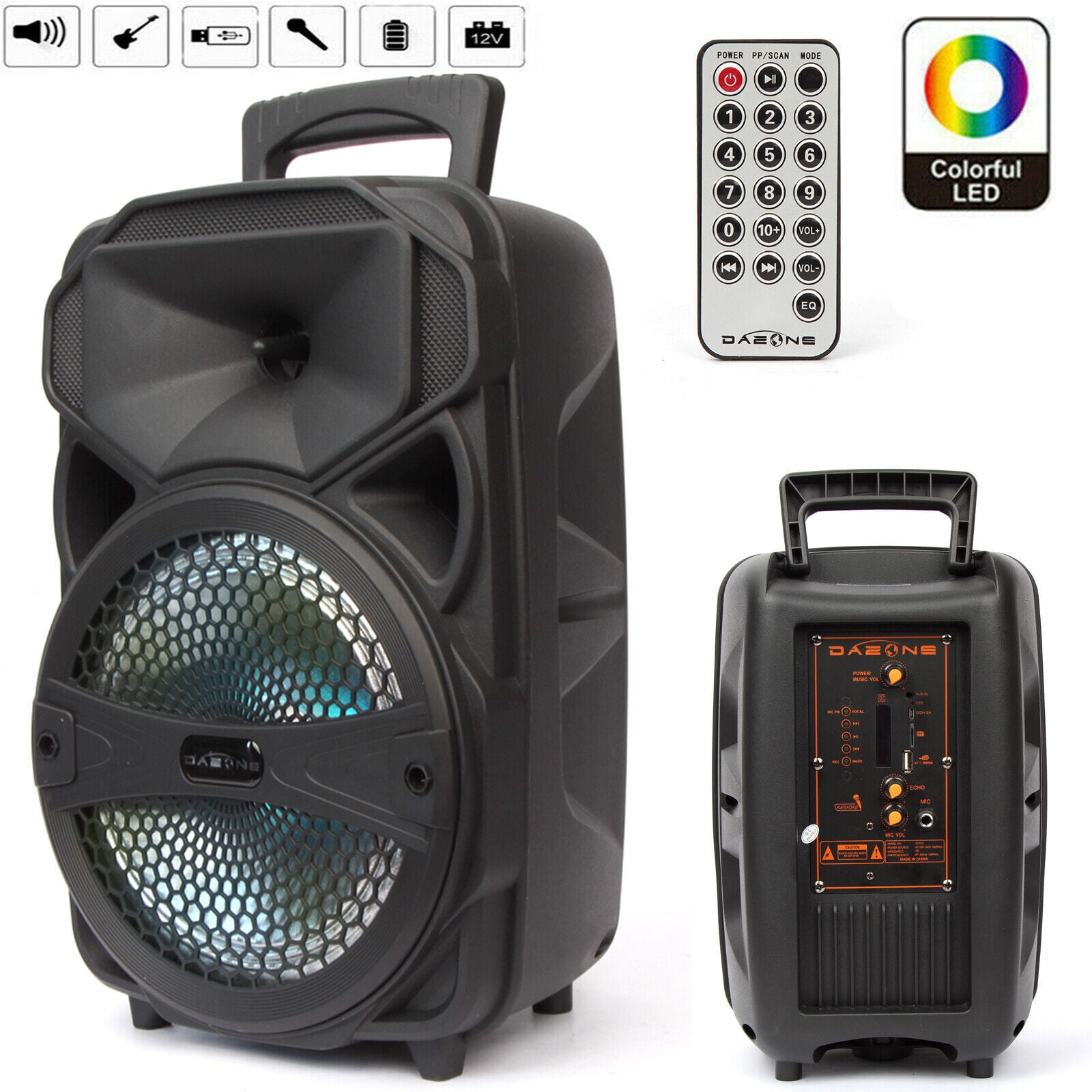 Lohoms Portable Wireless Speaker With Microphone, USB Rechargeable 1,000W FM Bluetooth Speaker 8" Subwoofer Heavy Bass Stereo Party PA System AUX, Remote, Charging Cable, LED Light
