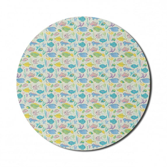 Fish Mouse Pad for Computers, Nursery Style Cartoon Underwater Animals with Simplistic Colorful Corals Ocean Pattern, Round Non-Slip Thick Rubber Modern Mousepad, 8" Round, Multicolor, by Ambesonne