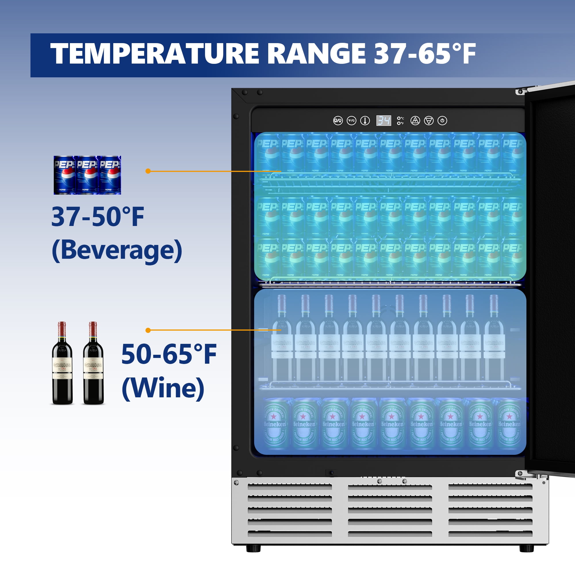 Simzlife 5 Cu.ft. Undercounter Freestanding Stainless Steel Door Beverage Refrigerator, 23.4 in W, 34.25 in H