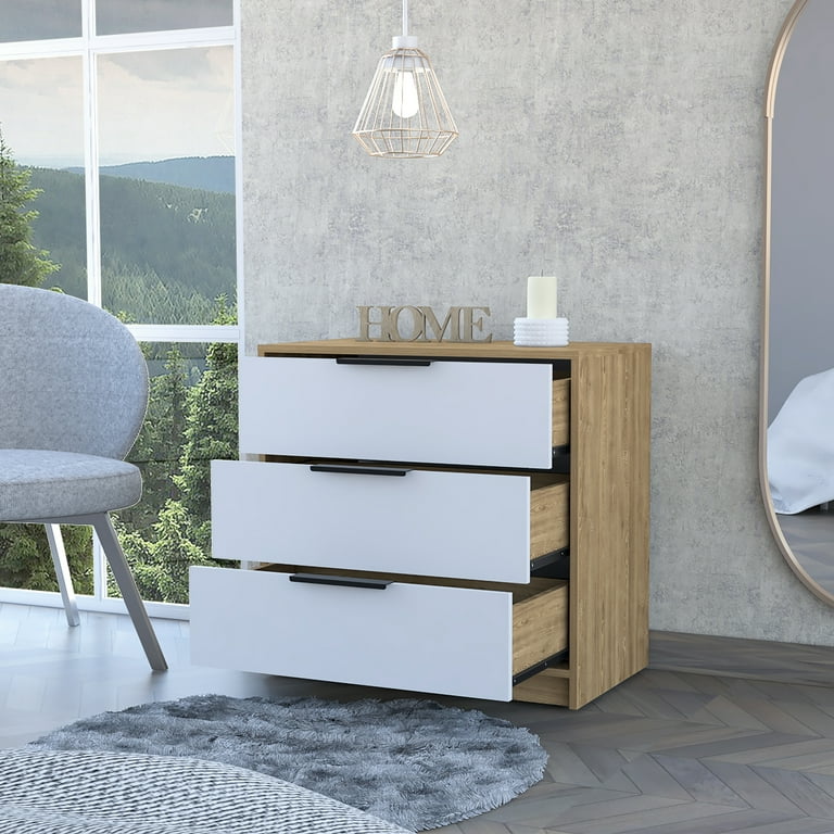 white and light brown dresser Large French 3 Drawer Dresser with White Knobs and Light Top main image 1