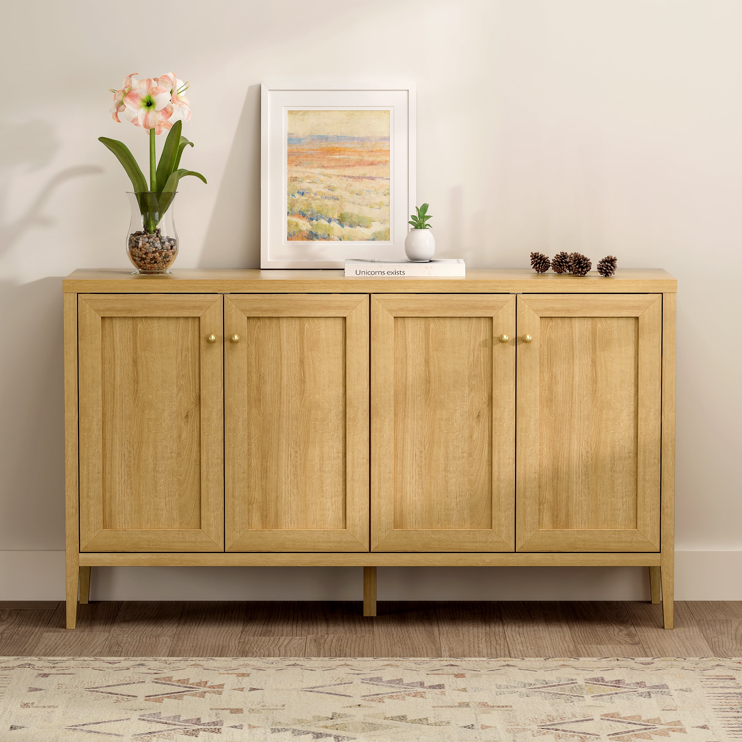 EYYTHUNG Farmhouse Storage Cabinet with 4 Doors, Adjustable Shelf Accent Cabinet, Modern Sideboard Buffet with Console Table Credenza for Living Room Kitchen, Natural Oak