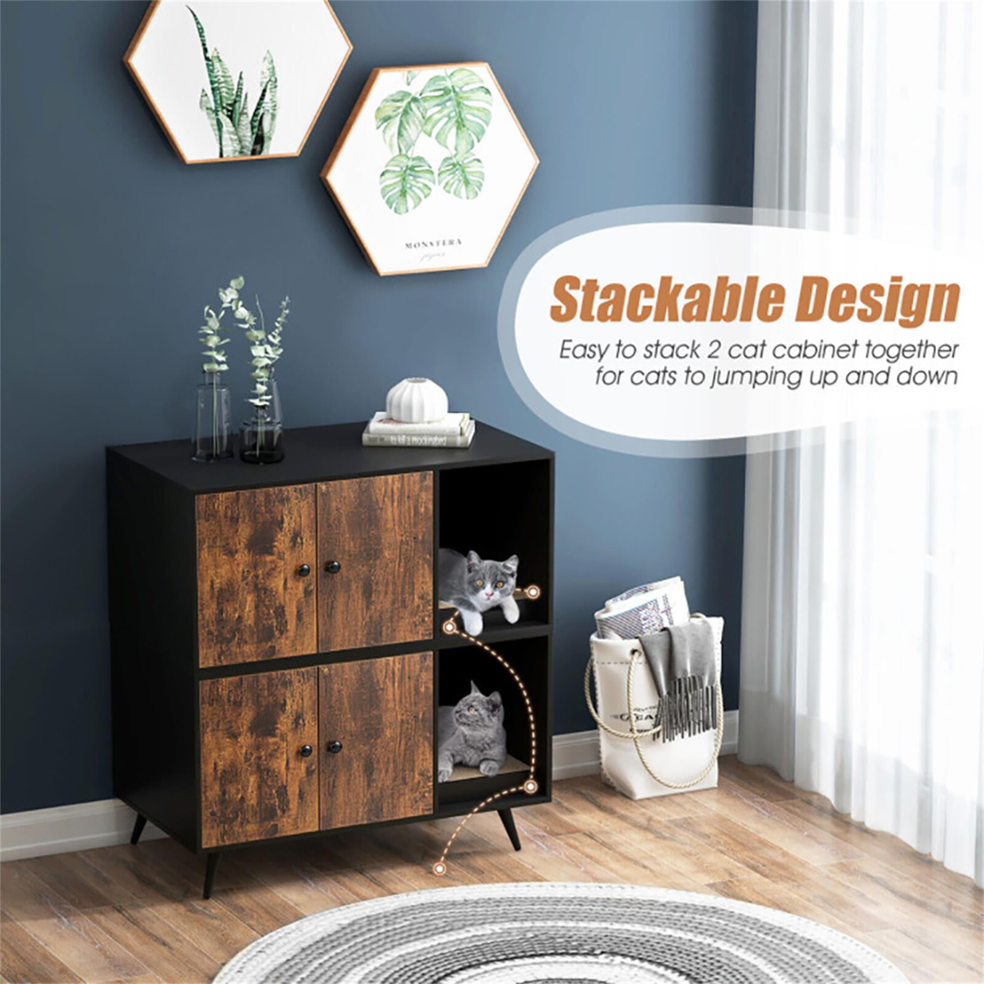 Kadyn 35" Pets Tiger Large Cat Litter Box Furniture Hidden, Pet House Enclosure, Cat House Washroom Cabinet Stool, Black