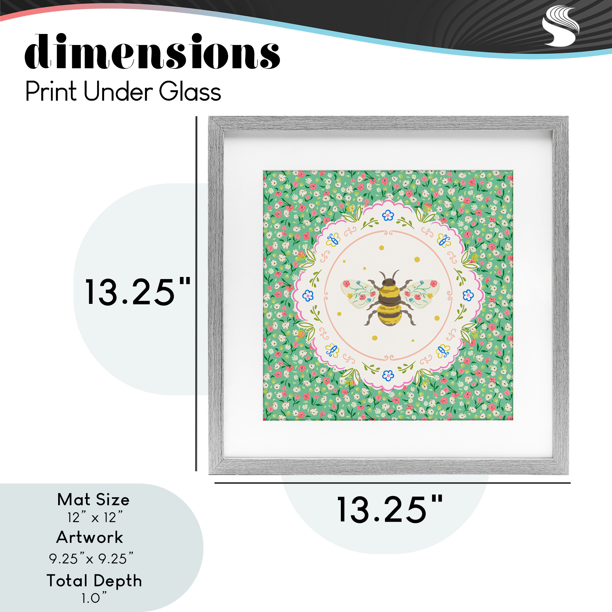 Spring Bee Delicate Florals Gray Framed Print Under Glass, design by Angela Steahling
