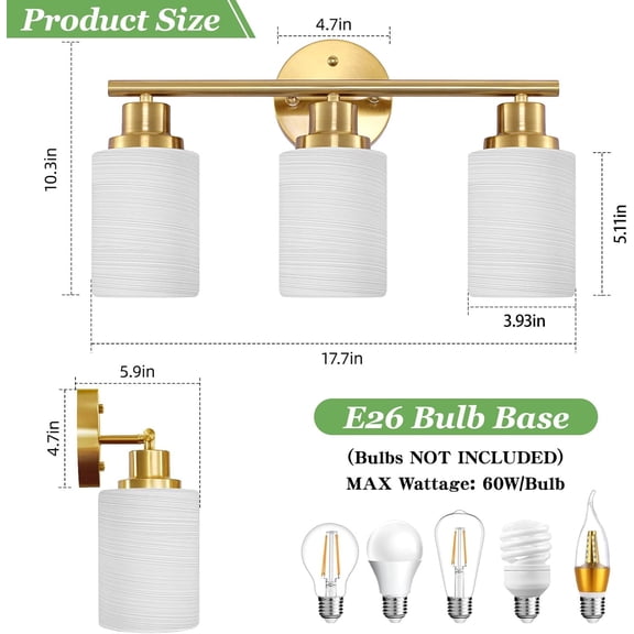 3-Light Brushed Gold Bathroom Vanity Light Fixture, Modern Wall Sconce with Textured Milky White Glass Shades, Special Deal for Over-Mirror, Kitchen, or Bathroom Lighting, E26 Base