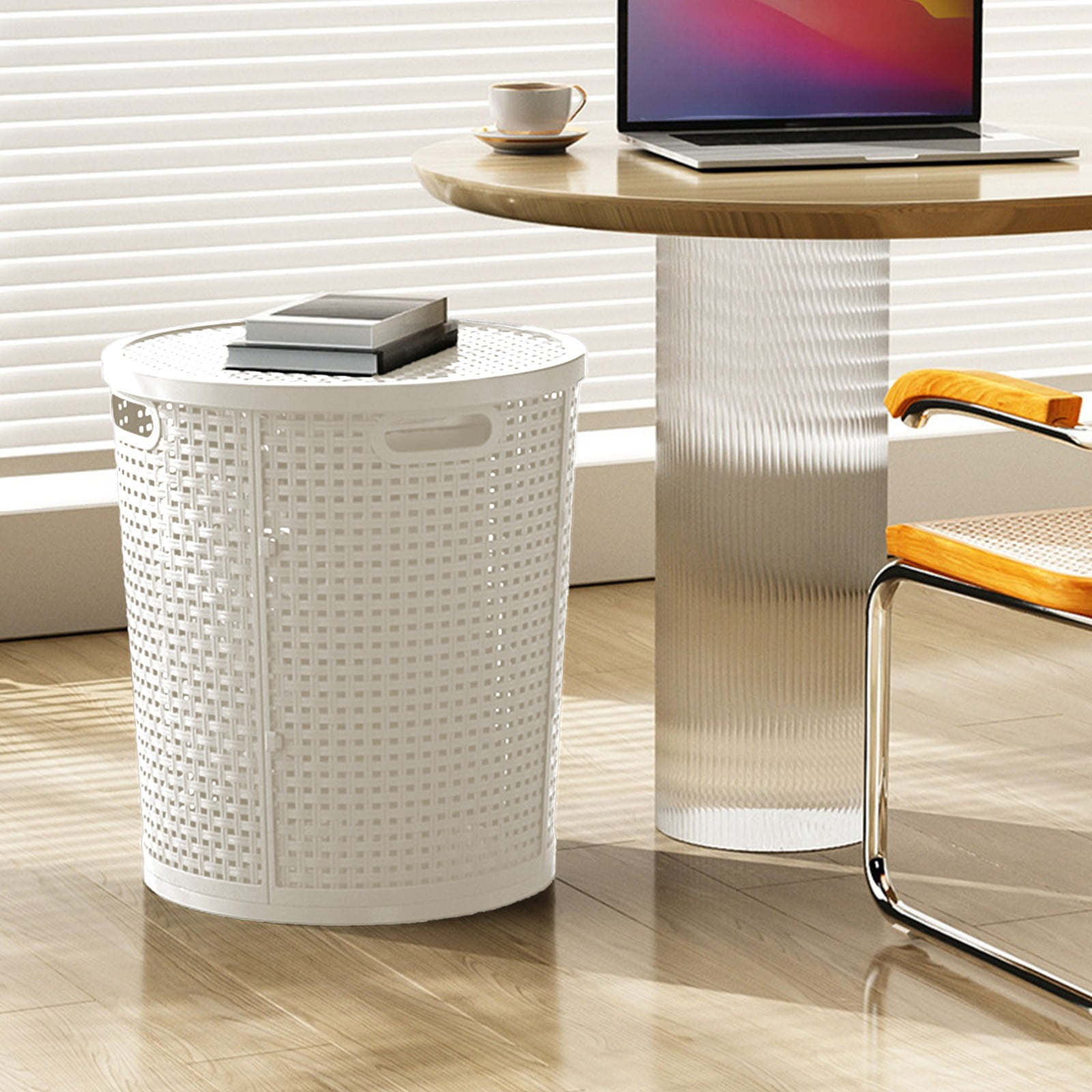 Laundry Basket, Gaqring Large Capacity Laundry Hamper, Imitation Rattan Plastic Storage Basket with Lid for Clothes Toys, White