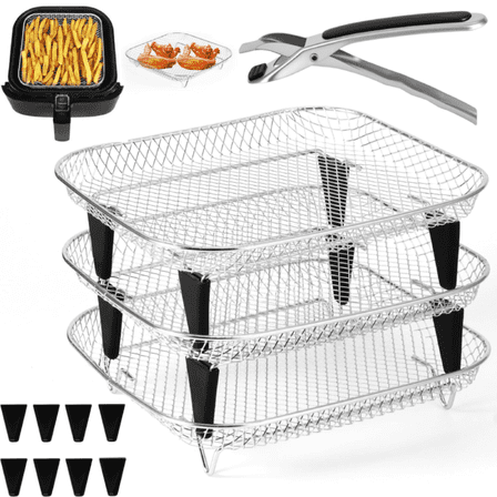 3 Layer Air Fryer Rack Square Air Fryer Grill Rack Stainless Steel Grill Dehydrator Rack Stackable Air Fryer Basket with 8 Silicone Feet 1 Anti-Scald Clip for Baking Cooking