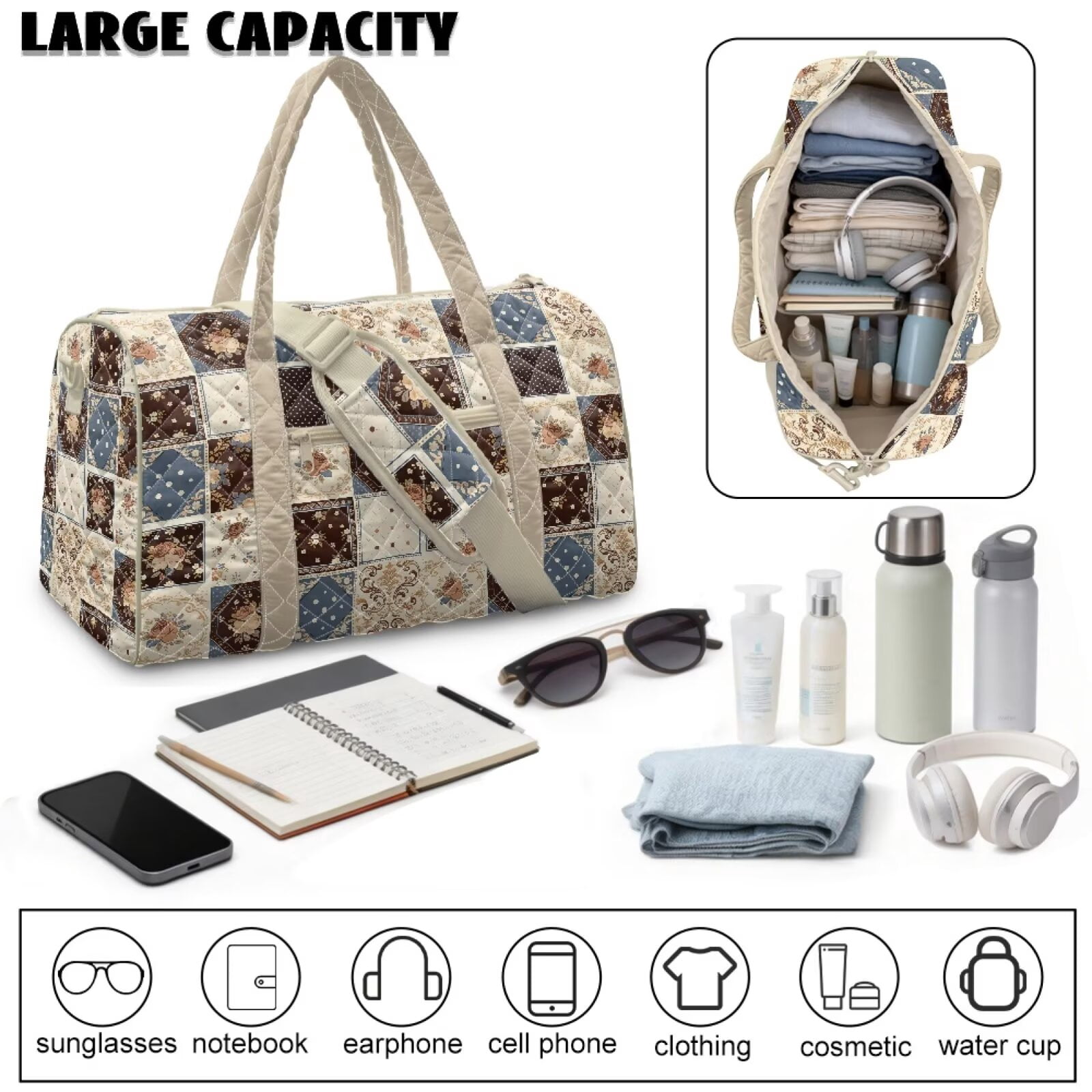 Chririnla Lightweight Fitness Bag for Women Large Capacity Athletic Duffle with Smooth Zipper & Luggage Handle Strap Fits Gym, Beige Floral Patchwork Print