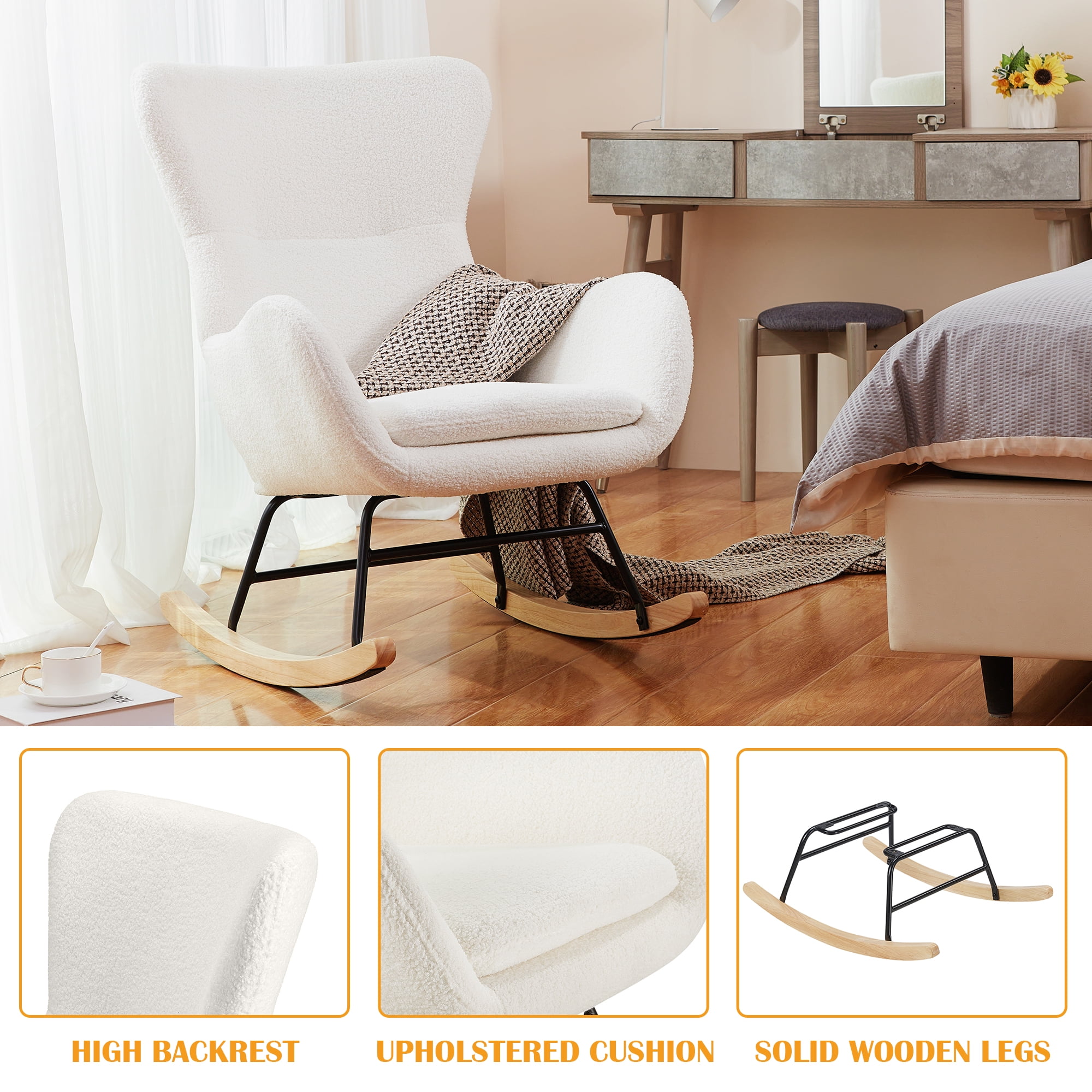 Prilinex Modern Rocking Chair, Nursery Rocking Chair High Wingback Arm Chair with Upholstered for Living Room, Teddy Fabric, Ivory White