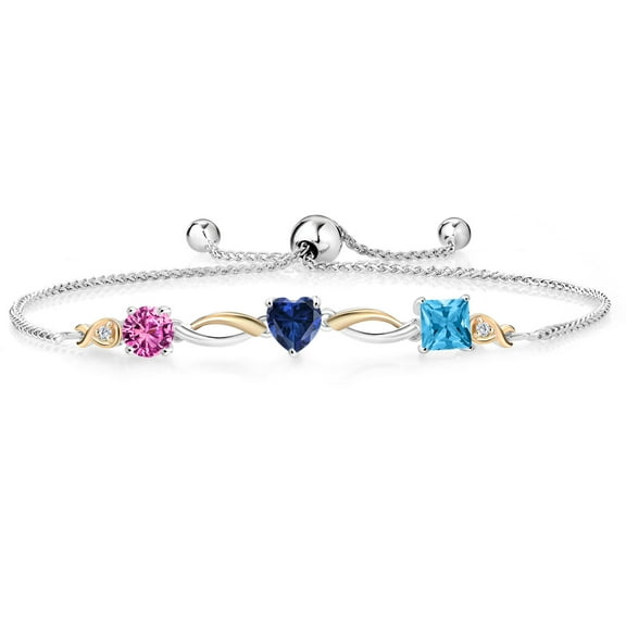 925 Silver and 10K Yellow Gold Pink Created Sapphire Blue Created Sapphire Swiss Blue Topaz and Lab Grown Diamond Tennis Bracelet for Women By Keren Hanan (2.15 cttw, Adjustable up To 9 inch)