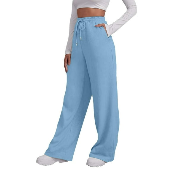 Resicozy Wide Leg Sweat Pants for Womens High Waisted Baggy Solid Color Sweatpants Casual Drawstring Workout Pants with Pockets Blue L