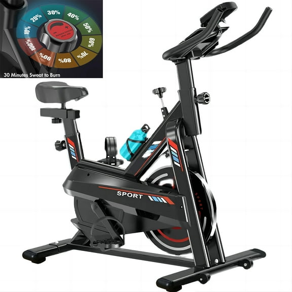 ALSO GO Exercise Bike, Indoor Workout Bike for Home Gym with Silent Belt Drive, Cardio Fitness Bicycle with LCD Display, Black/Red