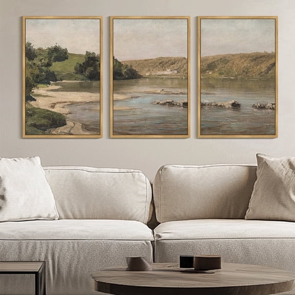 Drsoum Large 24x36in3pcs Brown Framed Vintage Wall Art Rustic Country Riverside Landscape Scenery Home Decor Retro Mountain Decorations for Bedroom