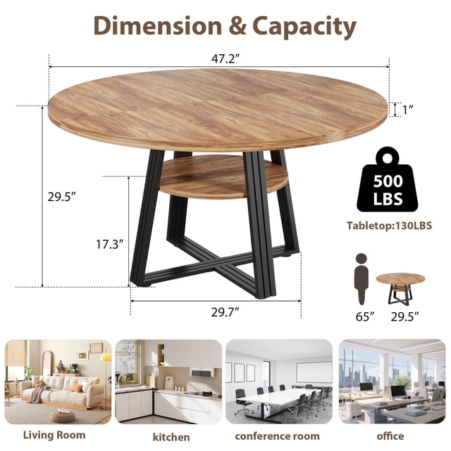 AKDSteel Round Dining Table For 4-6, 47.2 Inch Farmhouse Kitchen Table With Storage For Dining Room Or Apartment