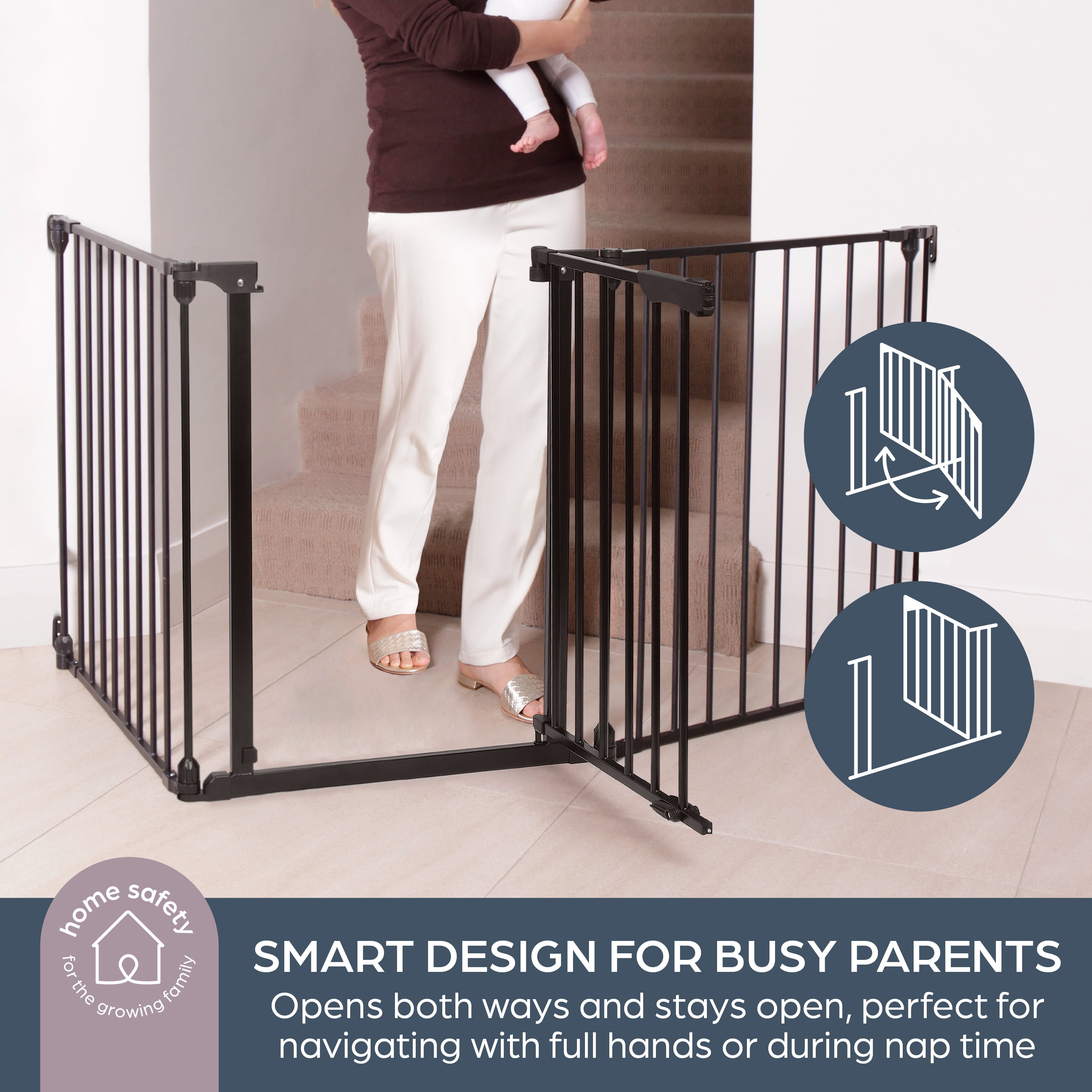 Dreambaby Discovery Metal Baby Gate - 76.5" Extra Wide 3 Panel Walk Through Door for Angled Openings, Configurable for Stairs and Hallways, 29in High